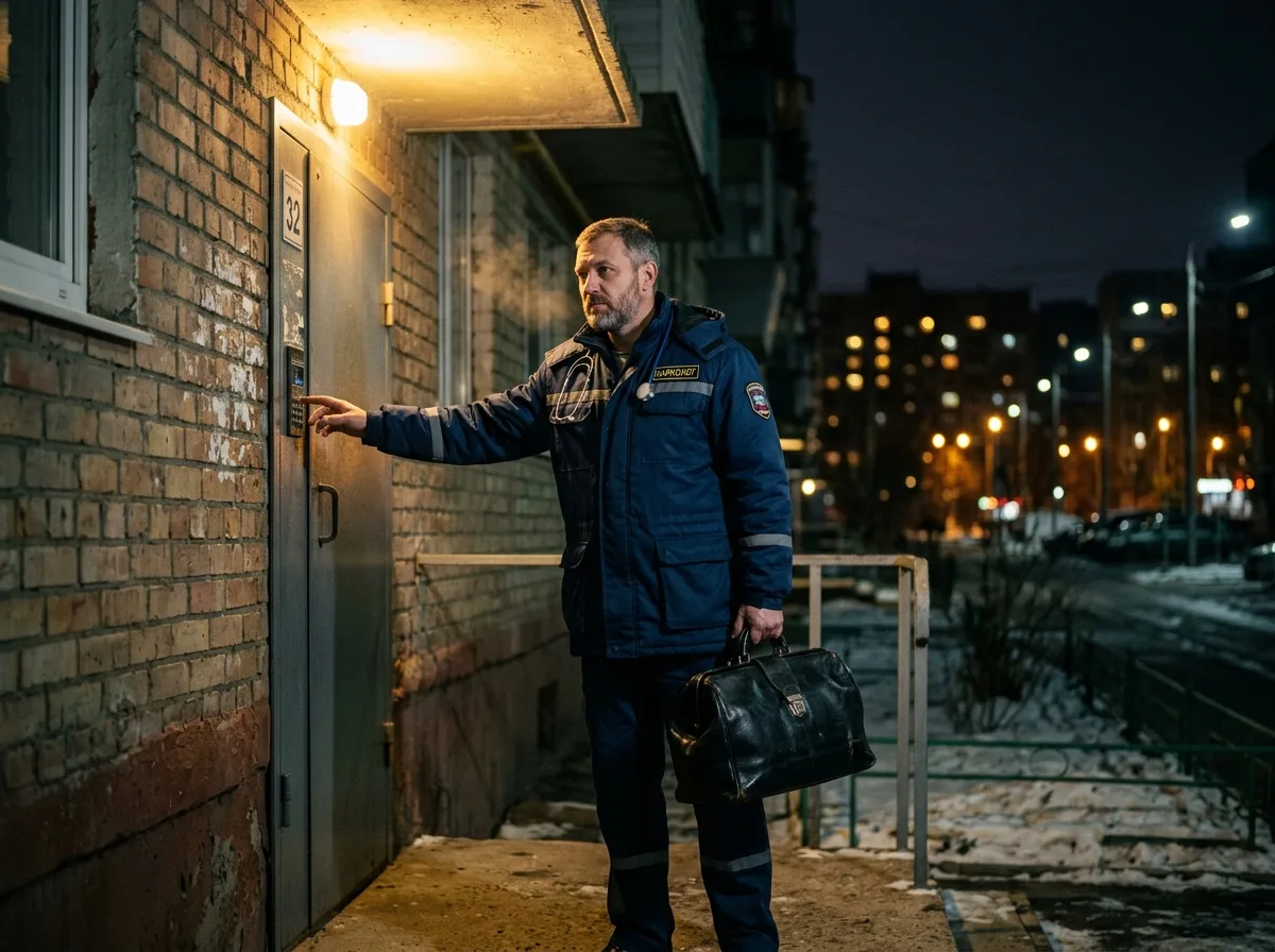 Врач-нарколог с медицинским чемоданом стоит у двери жилого дома в Волгограде ночью, готовый к экстренному выезду, профессиональная медицинская атмосфера, тёмный фон с городскими огнями